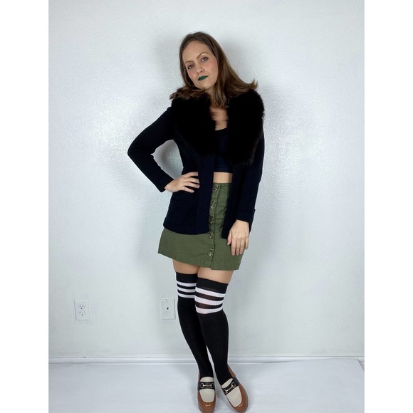 vintage 60s Black Real FOX Fur Collar CASHMERE CARDIGAN Medium real fur draped - Picture 4 of 10